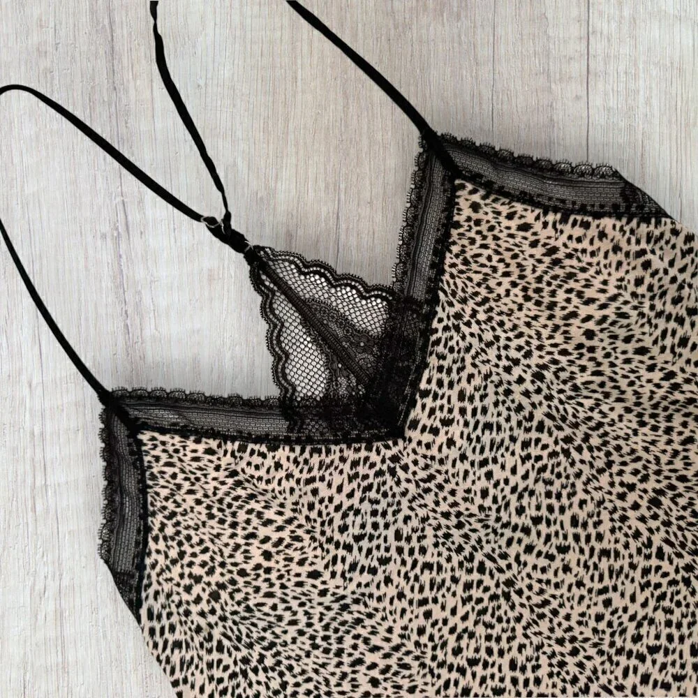 VICTORIA'S SECRET Leopard Print Black Lace Nightgown Chemise Slip Lingerie S